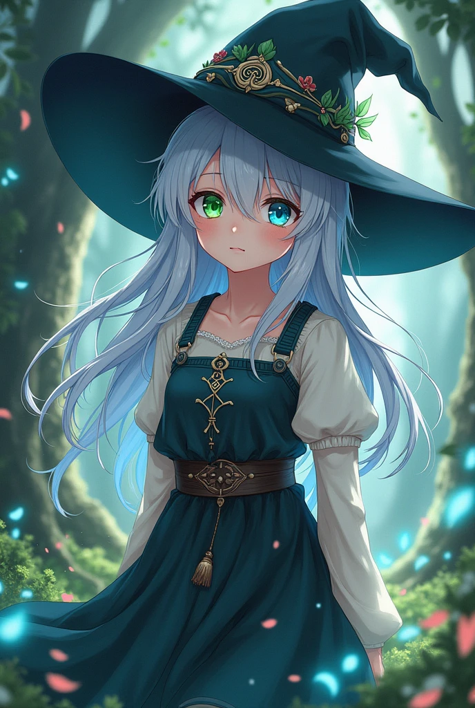 anime witch with peasant outfit white hair color with one green eye and the other blue