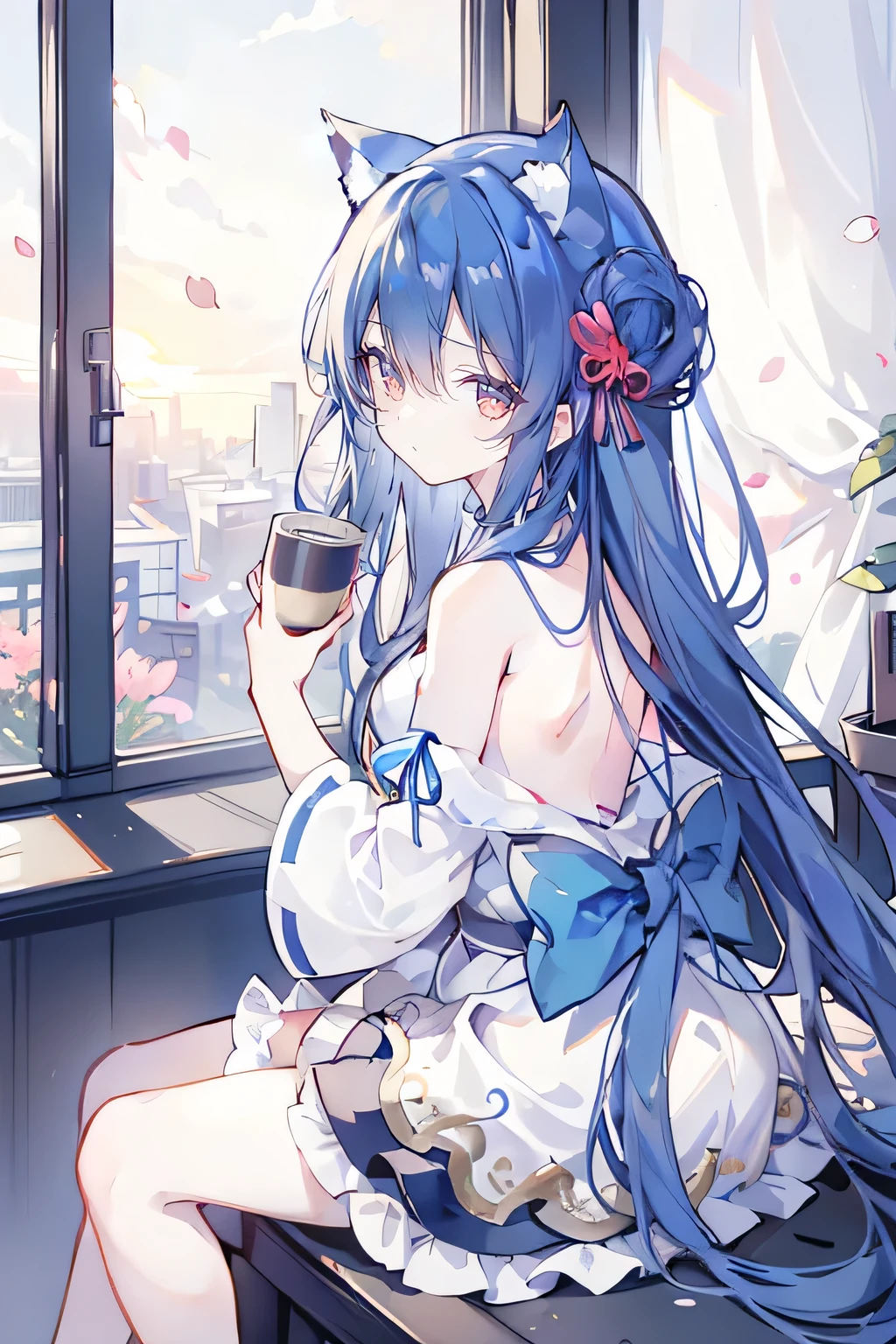 (masterpiece:1.2),Super detailed,lifelike,Expressive eyes,fair skin,perfect face shape,1 girl,
Japanese comics,Gorgeous blue hair,flowing blue hair,flowing clothes,Cat ears,Petals fall,beautiful lola,Baby Angel,
Shaking head with one hand,Cross your legs,,The pavilion is cool and comfortable,smile,back views,sunrise,Petals fall,sunrise,sitting on window sill drinking coffee and looking out the window。