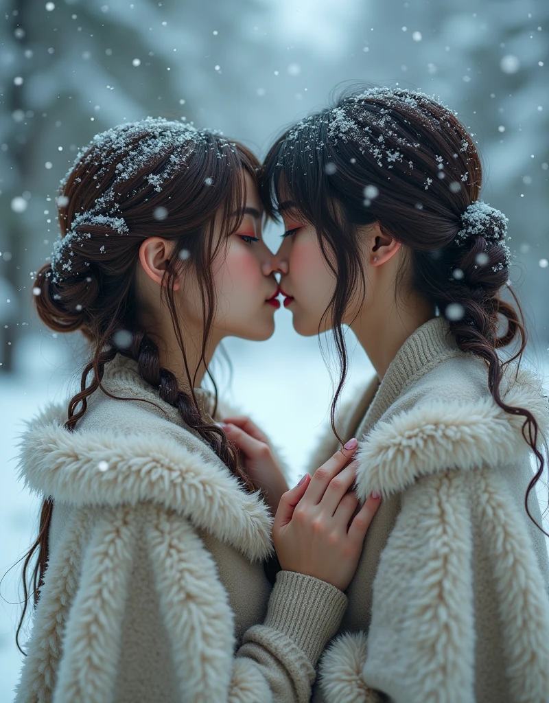 (Best quality, 8K, 32K, masterpiece), (High intaglio printing model),Photorealistic, high resolution, perfect anatomy, perfect hands, (two Japan Women is deeply in love with each other), kiss, (ta costume),Gorgeous costumes, Face the audience, (The upper part of the body, upper legs), beautiful eyes, Brown hair, ringed eyes, (outside, Heavy snowfall, Thick fur cloak, Cover with snow), snowfield, Blue eyes, Illustrations of the highest quality, A meticulous face