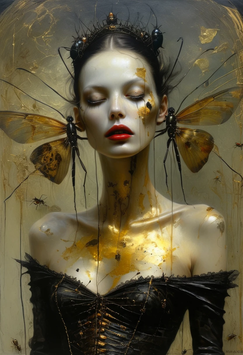 James Gurney, Surrealist art , dreamlike, mysterious, provocative, Symbolic, complex, detailed,, (Gothic but very pretty.:1.4), (masterpiece, of the highest quality:1.4) , Style Nicola Samori, femme fatale wrapped in a golden aura. While some insects fly around.
