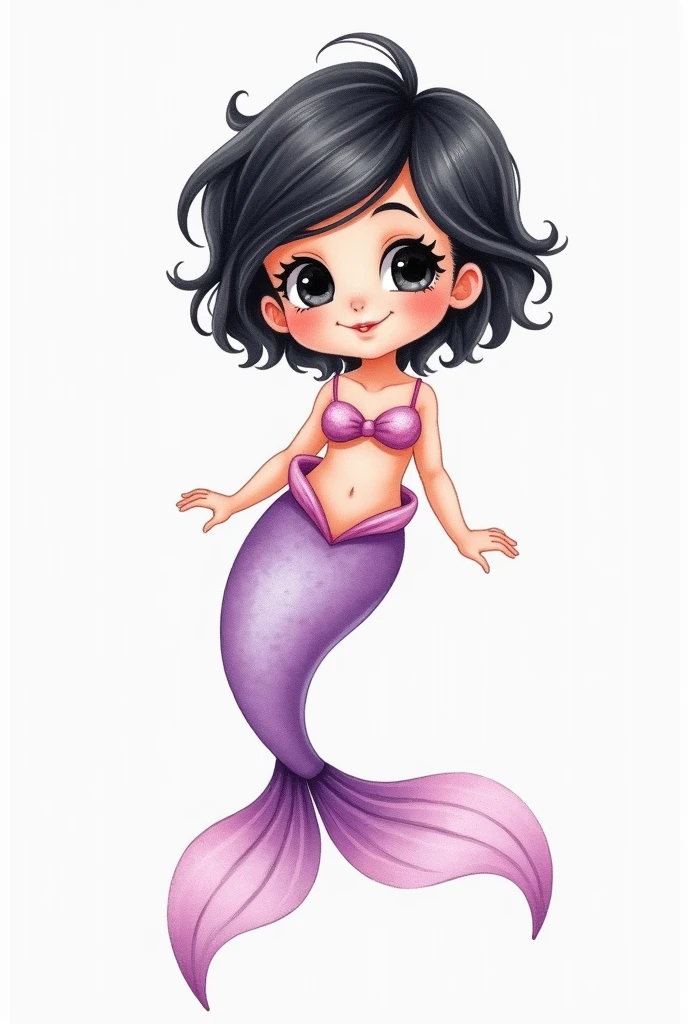 create the image of a 2  mermaid, with short black hair, black eyes, in watercolor style and with a mermaid tail in lilac and baby pink colors