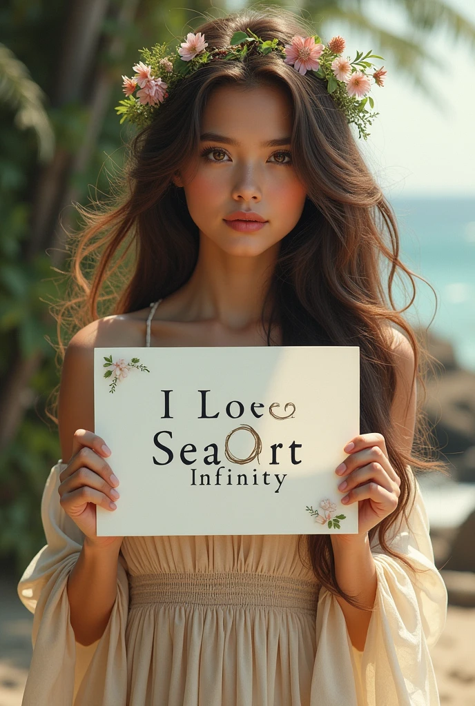 Beautiful girl with wavy long hair, bohemian dress, holding a white board with text "I Love Seaart Infinity" and showing it to the viewer