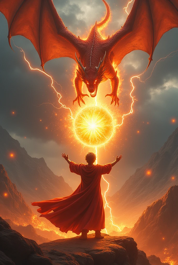 Fire mage fire a ball of fire from the sky with a fire breathing dragon