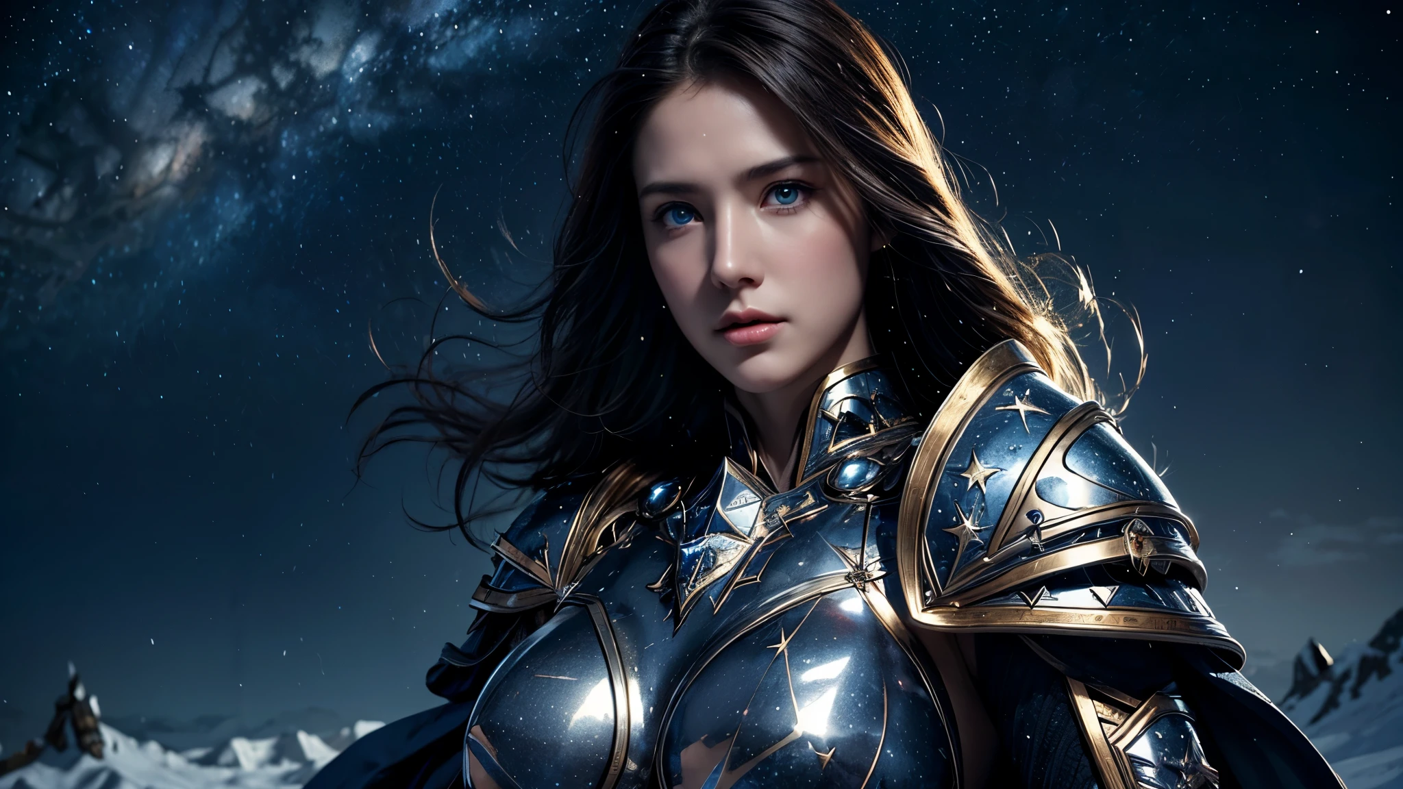 masterpiece, rest, best quality, Very detailed, Super real, 16K, high resolution, Snow Castle, ((Starry Sky)),Female Warrior,Gorgeous armor,Complex Mode,Pretty Face,Closed mouth,dramatic,Medium and long distance photos,Glowing eyes,Large Breasts