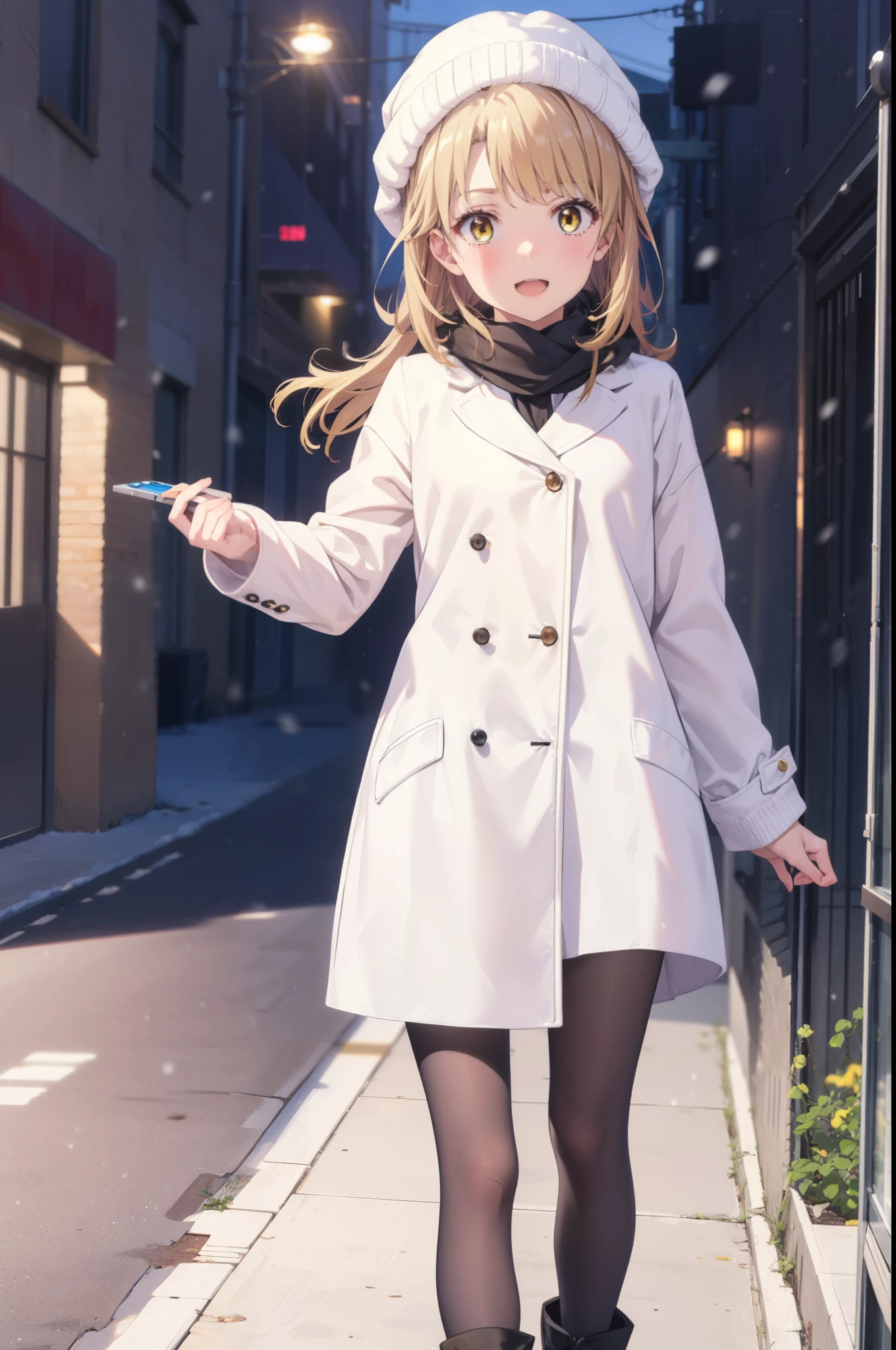 Irohaisshiki, isshiki iroha, Long Hair, Brown Hair, (Brown eyes:1.5), smile,Open your mouth,White Breath,low twin tail,Knitted hat,White scarf,Yellow long coat　Open front,Pink v-neck sweater,Short denim,Black pantyhose,short boots,Walking,snowが降っている,snowが積もっている,moon,night,snow,snow,snow,snow,whole bodyがイラストに入るように,　　　　　　　　　break outdoors, Building district,
break looking at viewer,whole body,
break (masterpiece:1.2), Highest quality, High resolution, unity 8k wallpaper, (figure:0.8), (Beautiful attention to detail:1.6), Highly detailed face, Perfect lighting, Highly detailed CG, (Perfect hands, Perfect Anatomy),
