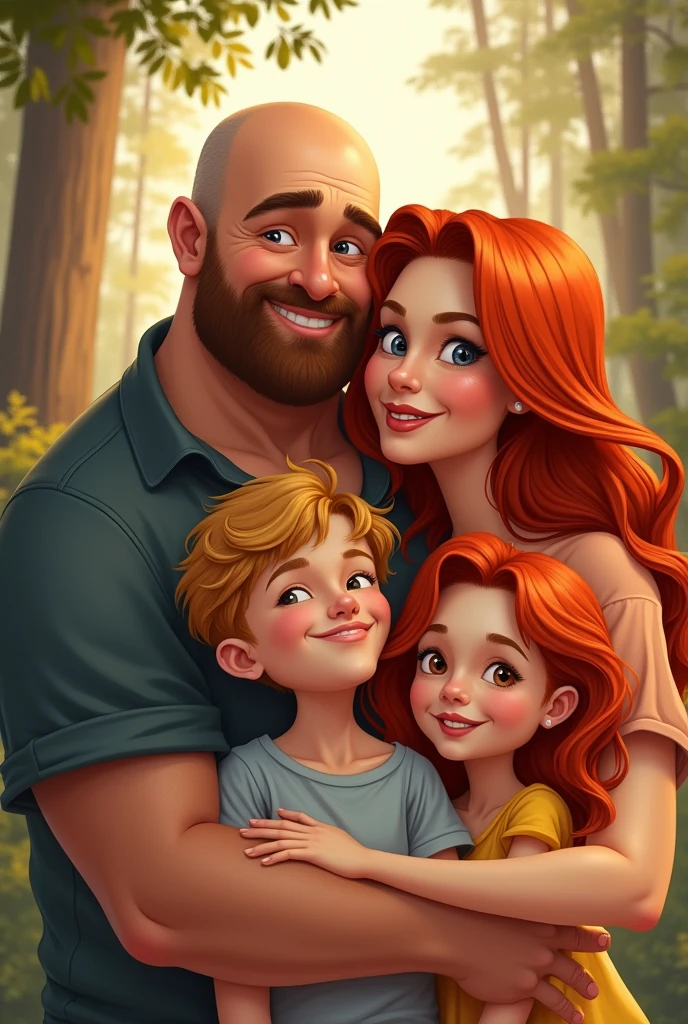 Heavyset man of around 34 years old with shaved hair with his beautiful young wife with a good body and long red hair with a blond son of about and a daughter with long red hair and about 5 years old,ll a family of four people in total