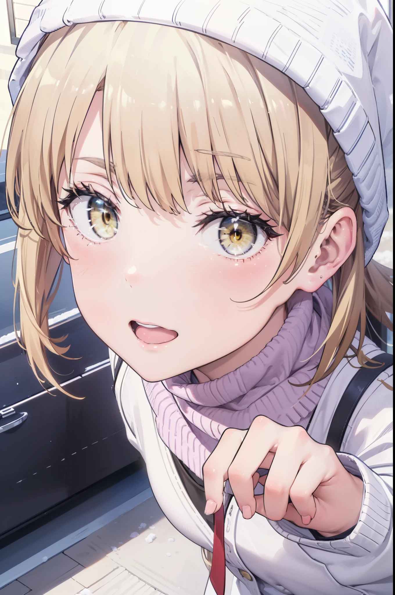 Irohaisshiki, isshiki iroha, Long Hair, Brown Hair, (Brown eyes:1.5), smile,Open your mouth,White Breath,low twin tail,Knitted hat,White scarf,Yellow long coat　Open front,Pink v-neck sweater,Short denim,Black pantyhose,short boots,Walking,snowが降っている,snowが積もっている,moon,night,snow,snow,snow,snow,whole bodyがイラストに入るように,　　　　　　　　　break outdoors, Building district,
break looking at viewer,whole body,
break (masterpiece:1.2), Highest quality, High resolution, unity 8k wallpaper, (figure:0.8), (Beautiful attention to detail:1.6), Highly detailed face, Perfect lighting, Highly detailed CG, (Perfect hands, Perfect Anatomy),