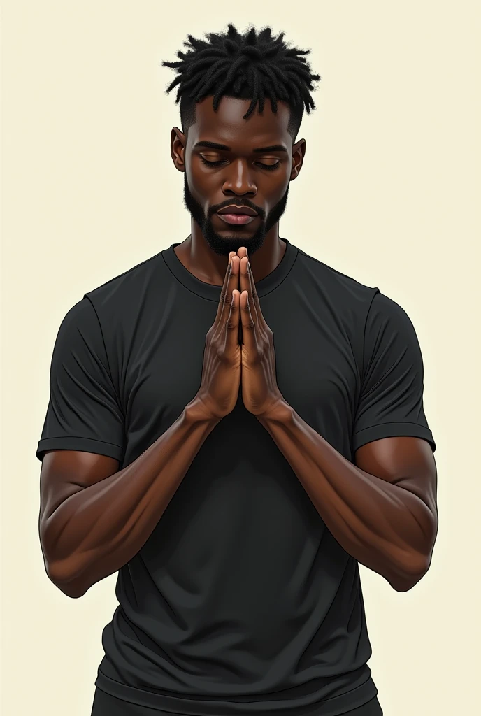 very black man, facing the front, head down, small curly hair, making a prayer gesture with just your hand, black leagwear , beardless man, drawing  style: Maturemalemix. No beard and looking straight ahead, short hair without beard