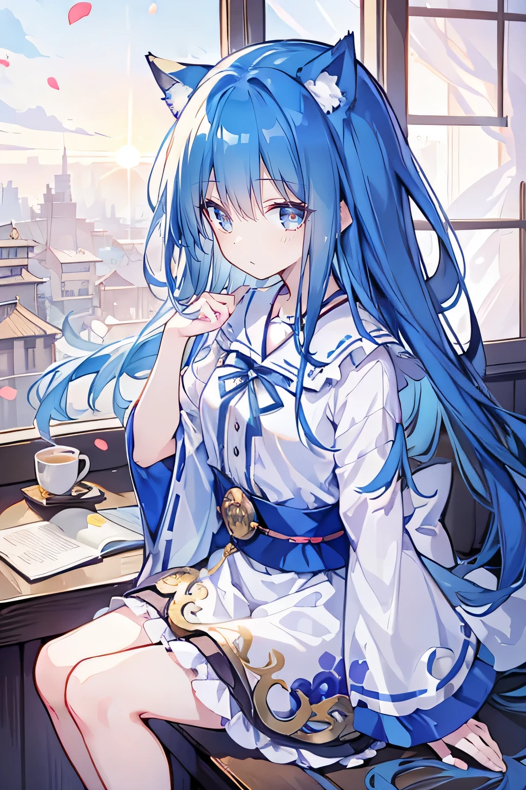 (masterpiece:1.2),Super detailed,lifelike,Expressive eyes,fair skin,perfect face shape,1 girl,
Japanese comics,Gorgeous blue hair,flowing blue hair,flowing clothes,Cat ears,Petals fall,beautiful lola,Baby Angel,
Shaking head with one hand,Cross your legs,,The pavilion is cool and comfortable,smile,back views,sunrise,Petals fall,sunrise,sitting on window sill drinking coffee and looking out the window。