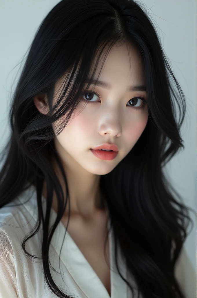 Japanese women　Only the face　Background white　Long Black Hair