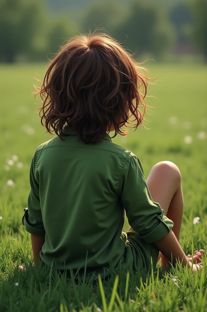 ((アニメ)), ((creepypasta)), (detailed) ((boy))
 tanned skintone, long wavy messy hair brownish green blouse back sitting on grass