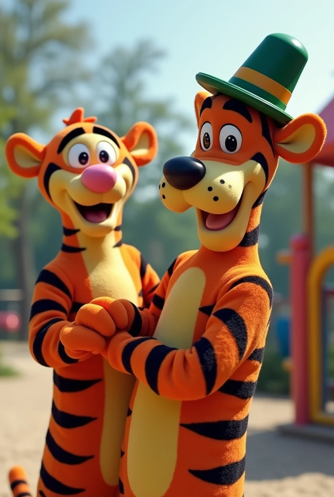 tigger and goofy playing in a kids playground