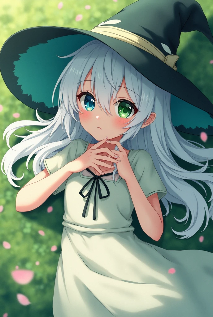 anime witch with peasant outfit white hair color with one green eye and the other blue lying down