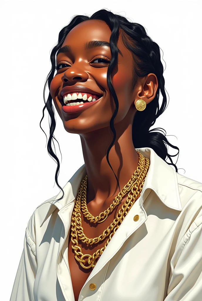 a black rap singer with gold teeth, in a less realistic way as if it were a newer colored drawing, with gold teeth white background and a little far from the camera gold teeth with a white blouse full of gold chain