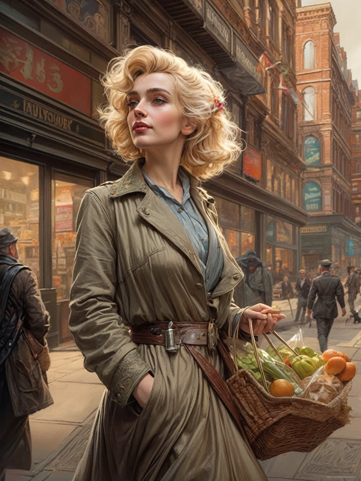 cinematic portrait of [Maude Adams:Marilyn Monroe:0.5] donning a Post War dress walks at sub urban Post War Manchester city sidewalk with handful of groceries, wears casual modest Post War outfit, Post War Building, Post War Alley, sensuous smirk, intricate, frugal, highly detailed, intricate, digital painting, artstation, concept art, smooth, sharp focus, hyper photorealistic illustration, art by Don Lawrence and Frank Bellamy and alphonse mucha, 32k,