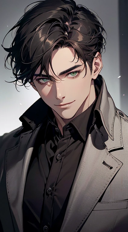 ((a mature man, very handsome, smile in love, short grey black hair, green eyes, perfect face without errors)), ((buttoning the jacket, CEO)), (best quality, masterpiece, 8K, photorealistic, cinematic lighting, hdr image, ultra detailed, beautiful image), (portrait, detailed facial features, intricate textures, realistic skin tones, highly detailed, ultra-realistic), (warm lighting, soft shadows, dramatic lighting), (muted color palette, rich tones), (professional photography, high resolution, studio lighting)
