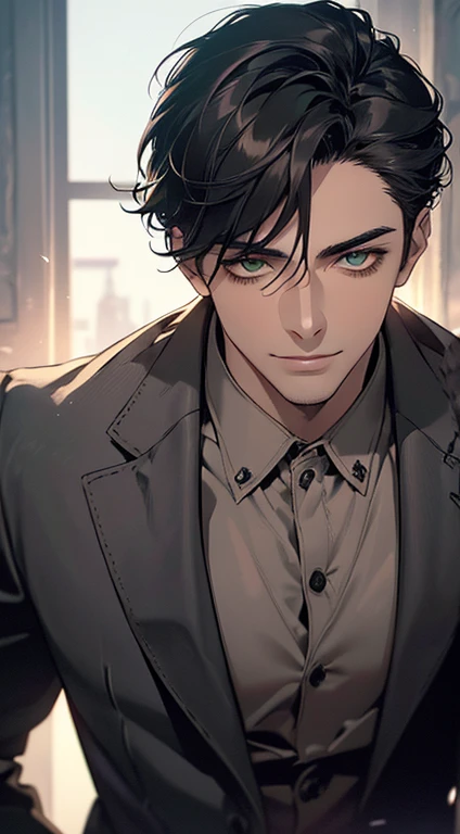 ((a mature man, very handsome, smile in love, short grey black hair, green eyes, perfect face without errors)), ((buttoning the jacket, CEO)), (best quality, masterpiece, 8K, photorealistic, cinematic lighting, hdr image, ultra detailed, beautiful image), (portrait, detailed facial features, intricate textures, realistic skin tones, highly detailed, ultra-realistic), (warm lighting, soft shadows, dramatic lighting), (muted color palette, rich tones), (professional photography, high resolution, studio lighting)