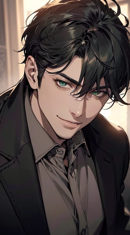 ((a mature man, very handsome, smile in love, short grey black hair, green eyes, perfect face without errors)), ((buttoning the jacket, CEO)), (best quality, masterpiece, 8K, photorealistic, cinematic lighting, hdr image, ultra detailed, beautiful image), (portrait, detailed facial features, intricate textures, realistic skin tones, highly detailed, ultra-realistic), (warm lighting, soft shadows, dramatic lighting), (muted color palette, rich tones), (professional photography, high resolution, studio lighting)
