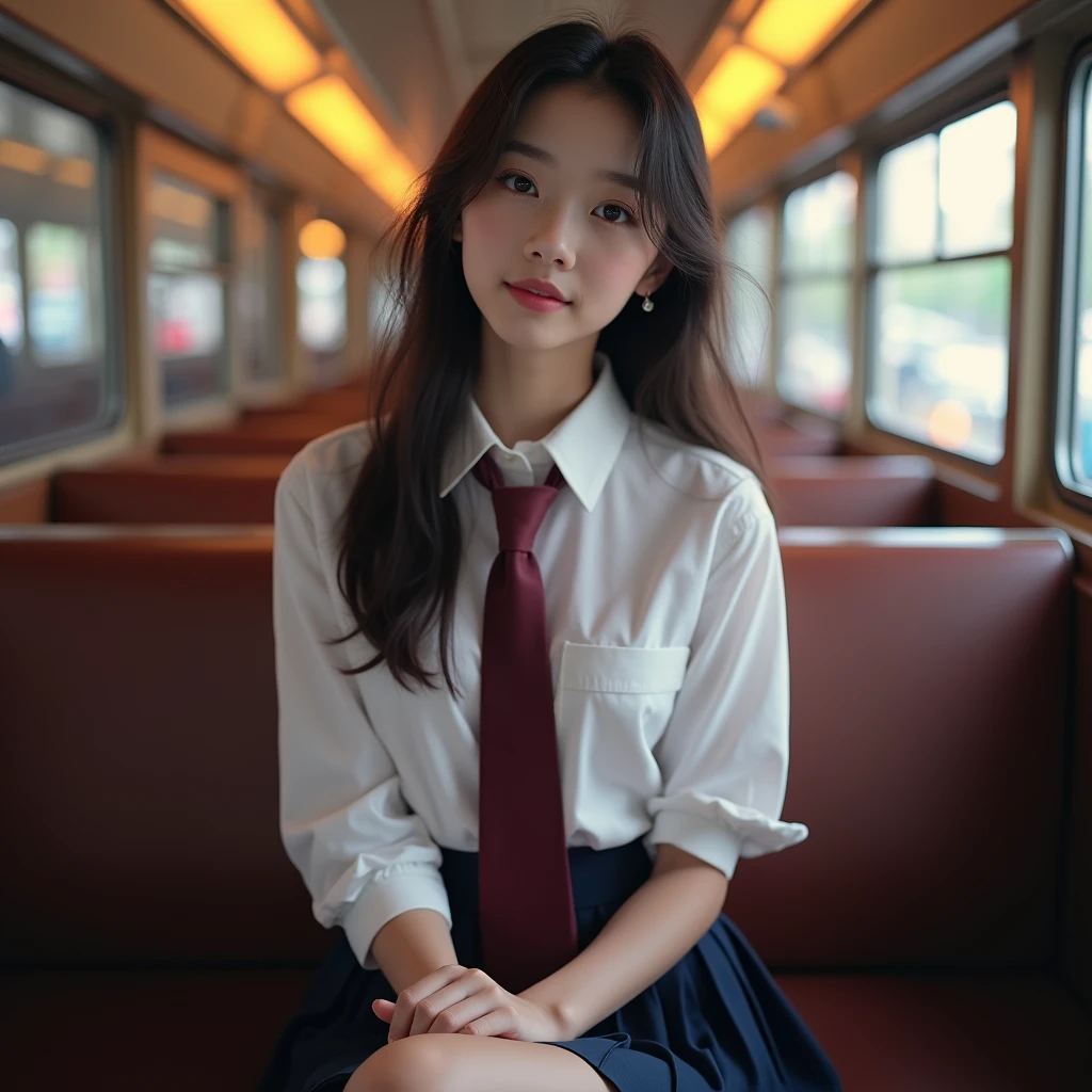 (masterpiece, best quality:1.2), 8k, , 85mm, official art, raw photo, absurd Res, white dress shirt, pretty face, close up, upper body, violaceus, gardenias, beautiful girl, , (navy pleated skirt:1.1), cinch waist, thighs, short sleeve, in train, sitting on bench seat, looking at viewer, no makeup, (smile:0.4), film grain, chromatic aberration, sharp focus, firelight, clear lighting, teentailed face, bokeh background, (dark red necktie:1.1), (perfect anatomy, perfect hands), (two young girls is deeply in love with each other, kiss:1.3)