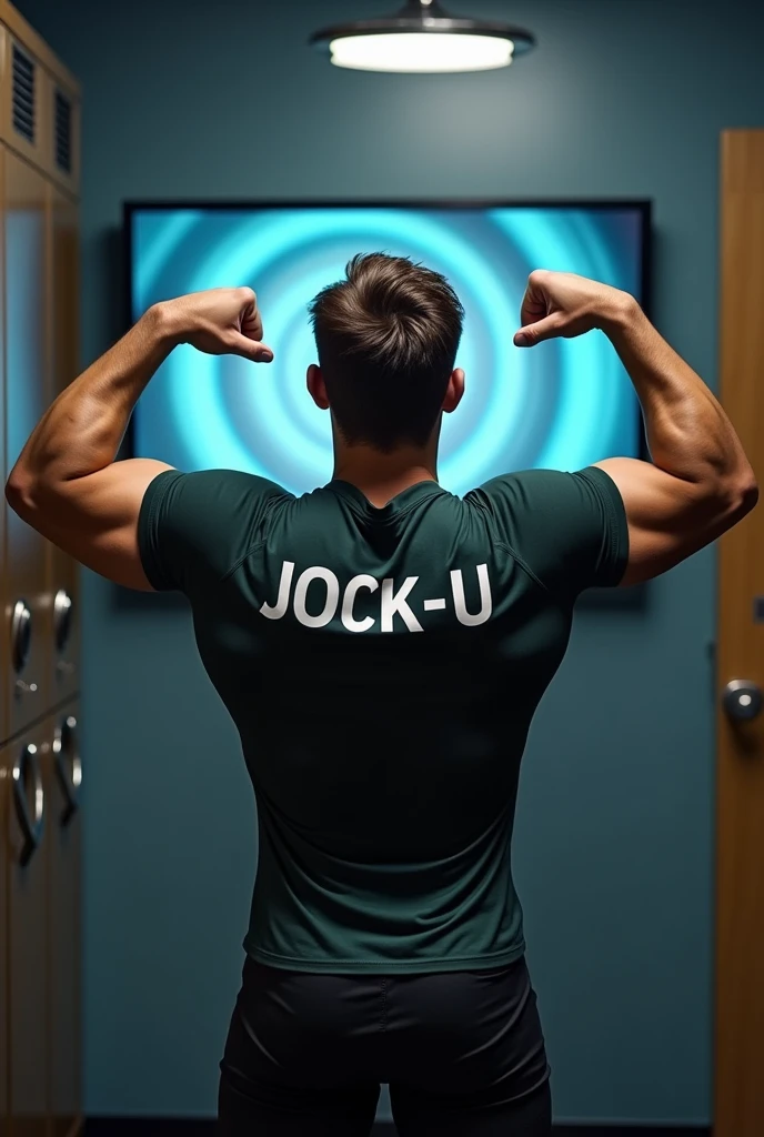 Young male college student Wearing shirt that says JOCK-U as a big dumb hyper muscular sweaty bodybuilder football jock bro in skin-tight shirt flexing and staring blankly with open mouth into a monitor displaying a hypnotic spiral under hypnosis in a locker room doing a double bicep flex to expose sweaty armpits as he repeats, "Stare ... listen ... blank ... obey.... Bigger... Dumber.... Just a big ... dumb ... jock. Huhuh.... How's it hangin'? C'mere. Watch the spiral and FLEX with me, BRO! It's good to be a JOCK. Stare. Obey. Be a jock, just like me...." in a deep voice. Football jock assimilation. Hyper swollen ?????? bulge. Sweating. Mouth hanging open. Hyper muscles. Giant biceps. Giant triceps. Broad shoulders. Giant traps. Giant lats. Giant deltoids. Big meaty pecs. Brainwashing. Hypnosis. Hypnotized. Bro. IQ drain. Sweaty. Stereotype. Hypnotic trance. Entranced. Brainwashed. meathead. Musclehead. mindless. brainless. Front view. Photo manipulation. Giant muscles. compression gear.