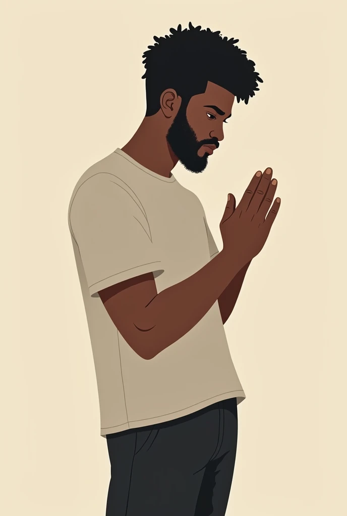 very black man, facing the front, head down, small curly hair, making a prayer gesture with just your hand, black leagwear , beardless man, drawing style: Maturemalemix. No beard and looking straight ahead, short hair WITHOUT BEARD cartoon style