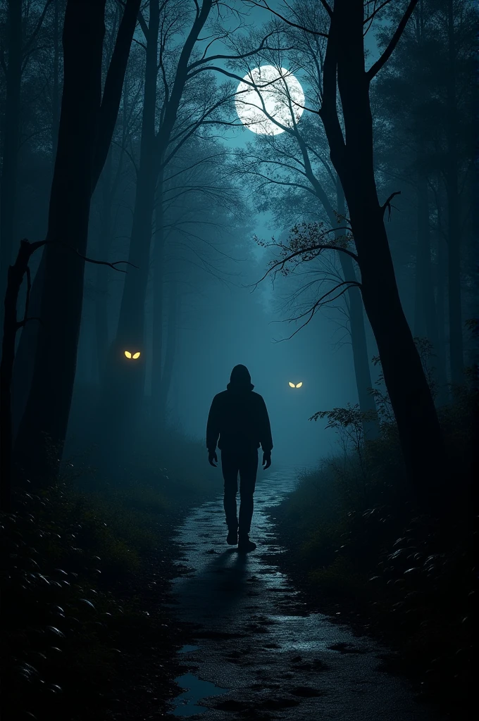 A person walking alone on a forest path late at night, the point of view is in front of the person, managing to see in a corner what appear to be luminous eyes