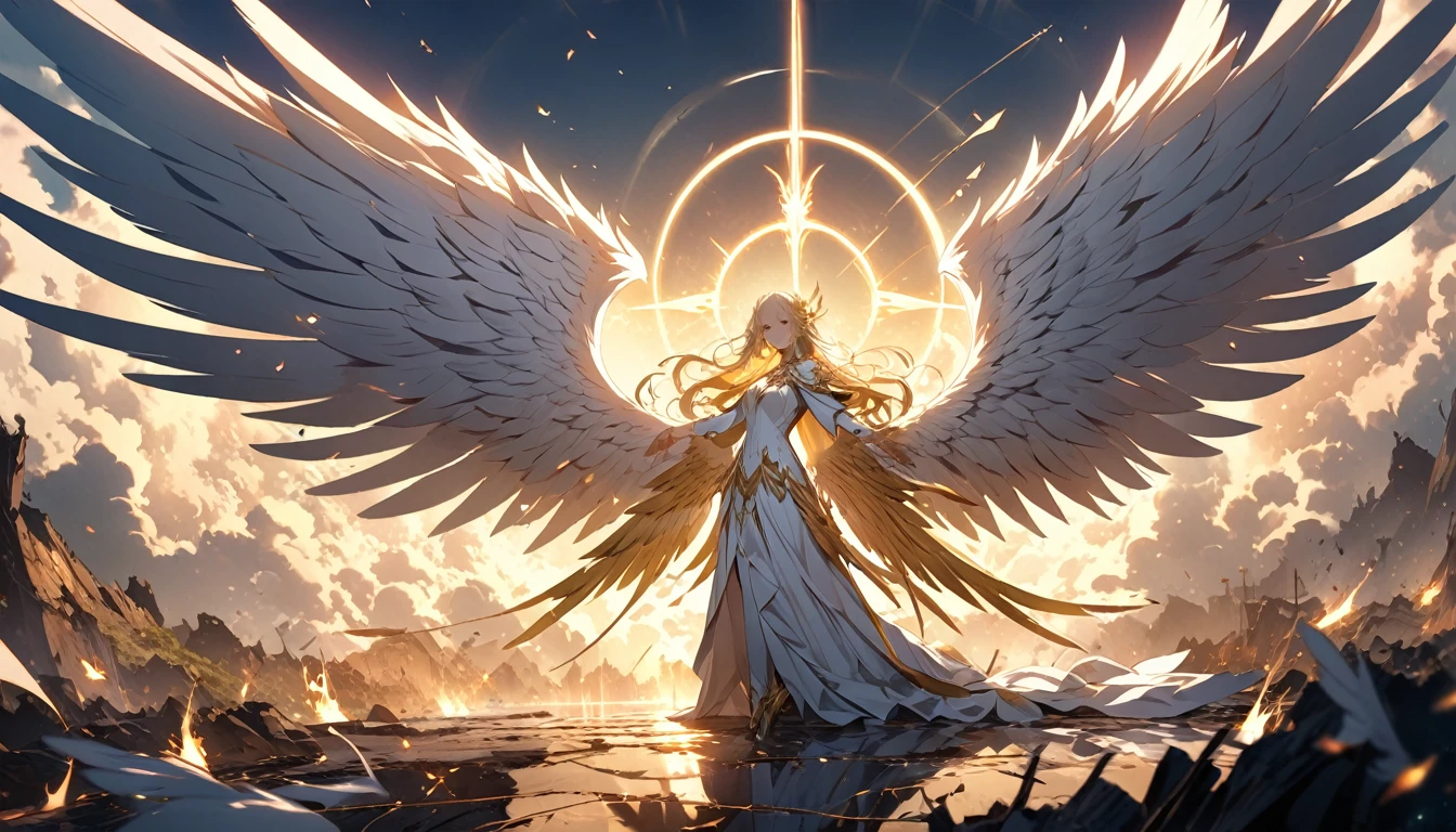 **237. One person。A battle scene of angels surrounded by countless wings。mysterious+Solemn。Cowboy shot or close-up。
masterpiece, best quality, ultra detailed (Detailed fingers), (Emotional), (Breathtakingly beautiful),
(main part: 1.2 Whole body。), (Anime Style), (Very detailed), (Solemnな戦闘),
(超High resolution, High resolution), (8k), (High resolution: 1.2), (Complex and beautiful: 1.2)**
- background: A battlefield enveloped in golden light、Defeat the enemy with countless wings fluttering。
- character: An angel with multiple wings、Unleash the power of heaven。
-pose: Use your wings to soar high into the sky、Firing arrows of light from the sky。
-expression: A dignified look、The divine anger that judges the enemy dwells in his eyes.。
- Effects: The ring of light shines brightly、Fires an arrow of light that burns enemies to ashes。
-color: Gold and white、A color scheme that highlights the contrast of sacred light and shadow。