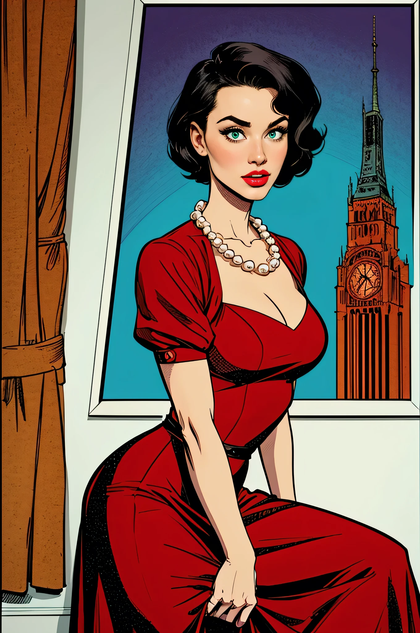 (work of art, best qualityer), 8 k wallpaper, highy detailed, posters, old spy movie, 1960s, sexy female hitman, short black hair, (shorth hair ) cinematic movie poster, Bauhaus, shapes, lines, abstrato, propaganda, mid century modern, movie poster, vintage, Lady Killer by Joelle Jones, vintage clothing, long redgown, (redgown) ,
Epochal dress, flowing gown. Pearl necklace , greeneyes, comic, comic style
