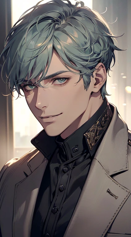 ((a mature man, very handsome, smile in love, short grey blue hair, green eyes, perfect face without errors)), ((buttoning the jacket, CEO)), (best quality, masterpiece, 8K, photorealistic, cinematic lighting, hdr image, ultra detailed, beautiful image), (portrait, detailed facial features, intricate textures, realistic skin tones, highly detailed, ultra-realistic), (warm lighting, soft shadows, dramatic lighting), (muted color palette, rich tones), (professional photography, high resolution, studio lighting)