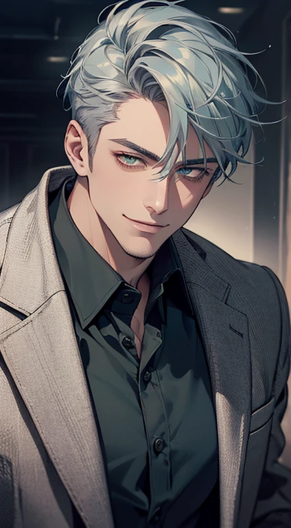 ((a mature man, very handsome, smile in love, short grey blue hair, green eyes, perfect face without errors)), ((buttoning the jacket, CEO)), (best quality, masterpiece, 8K, photorealistic, cinematic lighting, hdr image, ultra detailed, beautiful image), (portrait, detailed facial features, intricate textures, realistic skin tones, highly detailed, ultra-realistic), (warm lighting, soft shadows, dramatic lighting), (muted color palette, rich tones), (professional photography, high resolution, studio lighting)