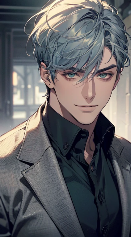 ((a mature man, very handsome, smile in love, short grey blue hair, green eyes, perfect face without errors)), ((buttoning the jacket, CEO)), (best quality, masterpiece, 8K, photorealistic, cinematic lighting, hdr image, ultra detailed, beautiful image), (portrait, detailed facial features, intricate textures, realistic skin tones, highly detailed, ultra-realistic), (warm lighting, soft shadows, dramatic lighting), (muted color palette, rich tones), (professional photography, high resolution, studio lighting)