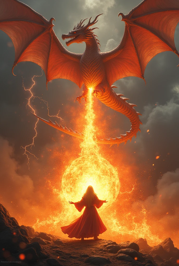 Fire mage fires a fireball from the sky with a fire breathing dragon