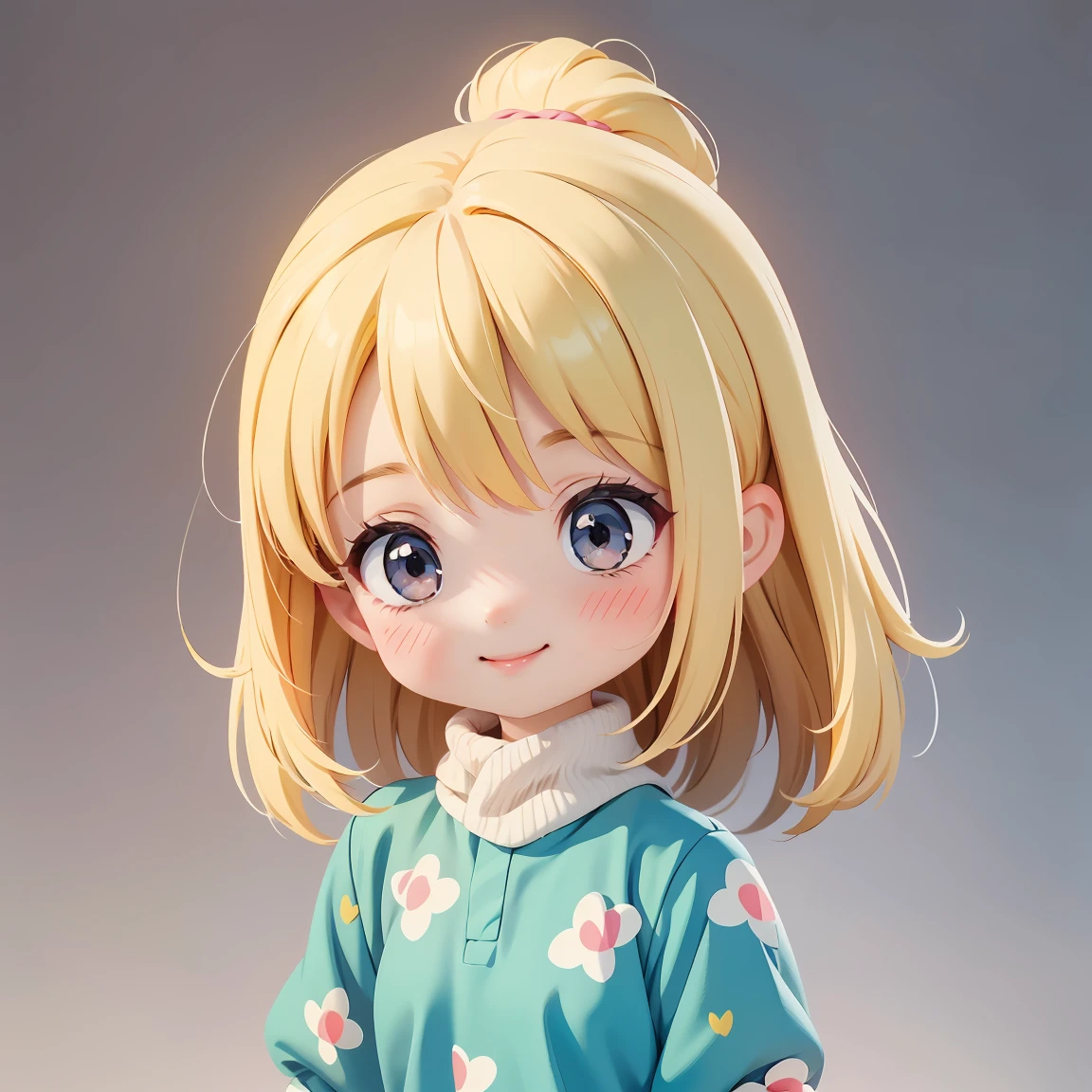 Super Chibi Character：1.8、wearing cute sandals、All-over simple and light color background：1.8、Blonde Hair、Cute 7  girl、Random cute outfits、Super Chibi Character：1.8、smile、Super Smile、Random movement