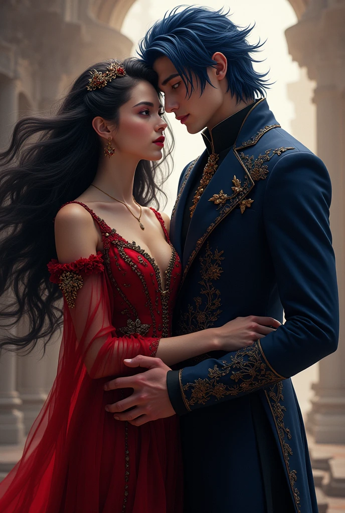 Royal couple,Black haired woman with red eyes and red and black clothing, Strong blue-haired man with slightly amber and red eyes, Navy blue clothing with black and very handsome