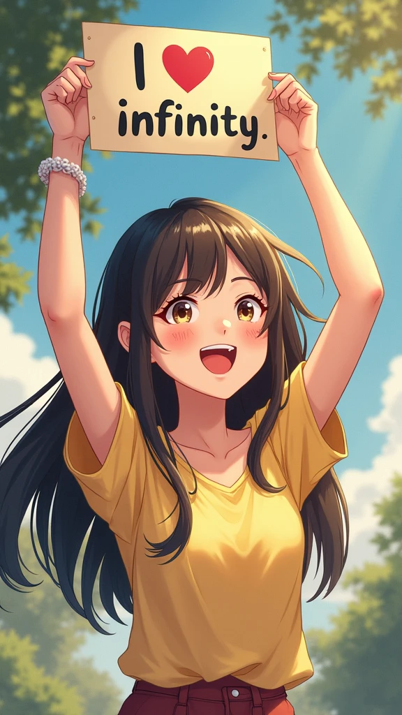 A beautiful and cute woman holding up a sign "I love infinity", Joyful, Happy, Anime illustration, Realistic, oil