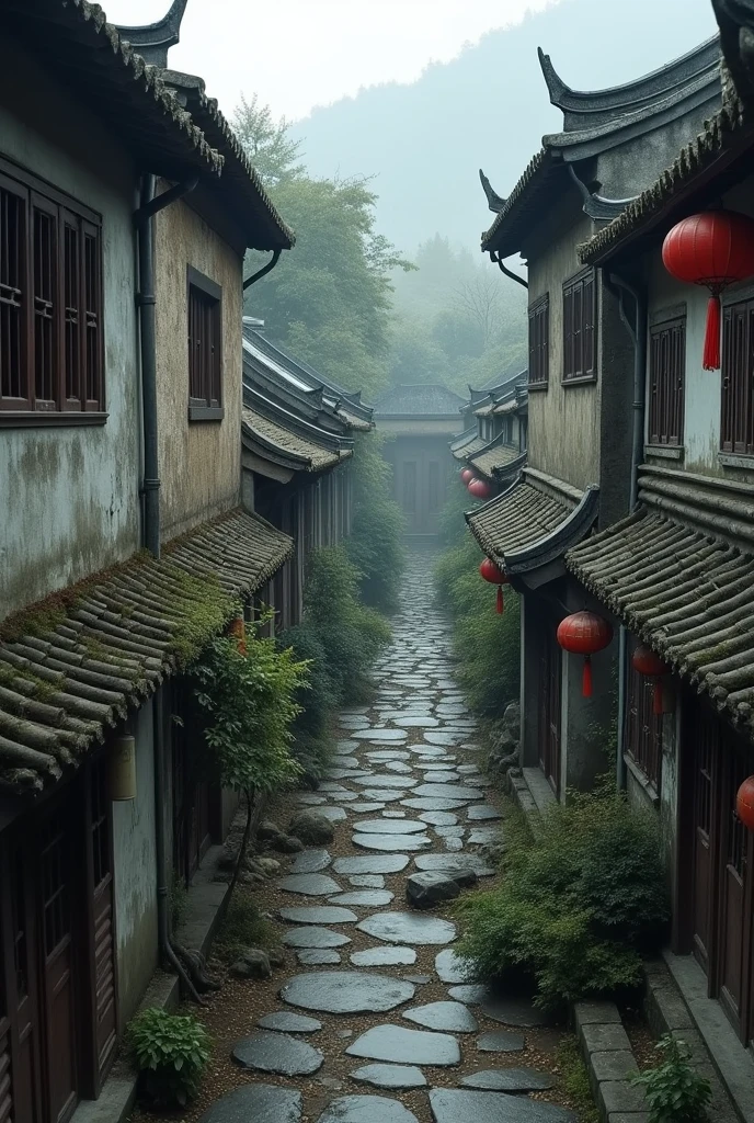 The scene of an abandoned ancient Chinese street, shot from above.