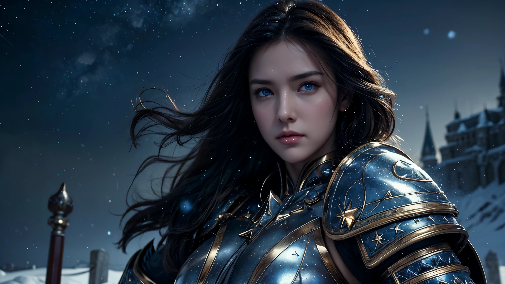 masterpiece, rest, best quality, Very detailed, Super real, 16K, high resolution, Snow Castle, ((Starry Sky)),Female Warrior,Gorgeous armor,Complex Mode,Pretty Face,Closed mouth,dramatic,Medium and long distance photos,Glowing eyes,Large Breasts