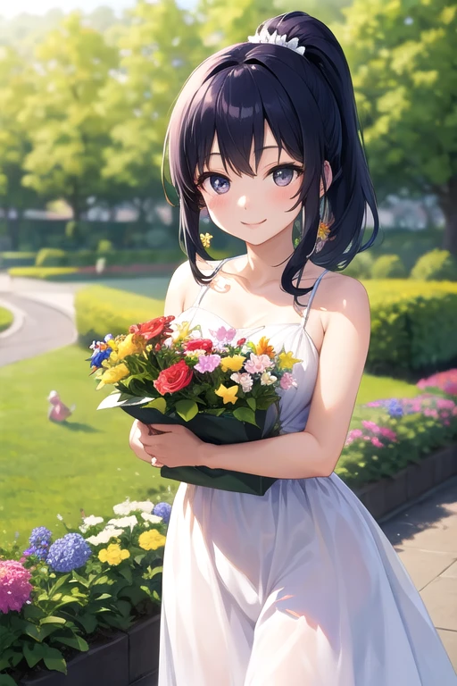 Navy Blue Hair、Dark Eyes、ponytail、A pretty white dress、Girl、Flower Garden、smile