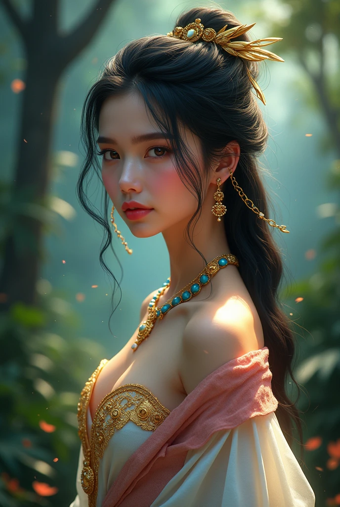 full lenght hiper 4k Think of it as a movie poster. In the Wind of Flowers. Full-length standing shot of a beautiful, sweet, and gentle 20-year-old woman. Pink lips and cheeks, looking straight ahead, wearing a white and gold Dusit Thai dress with sparkles, a white and gold sarong, a pink shawl, sparkling gold, and gold sparkles. The golden sparkles are on her long, black hair, tied loosely. She wears a small golden crown of Naga. She wears blue necklace and earrings. The light from the stars, a beautiful and realistic scene of a mysterious jungle. The light shines. 3D image, oil painting, sharp image
