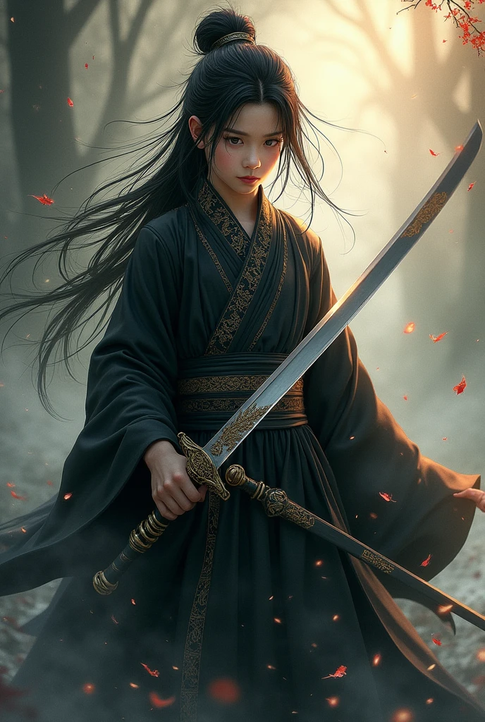 Brown-eyed boy with a sword, Long black hair, god and half demon full body with a black hanfu