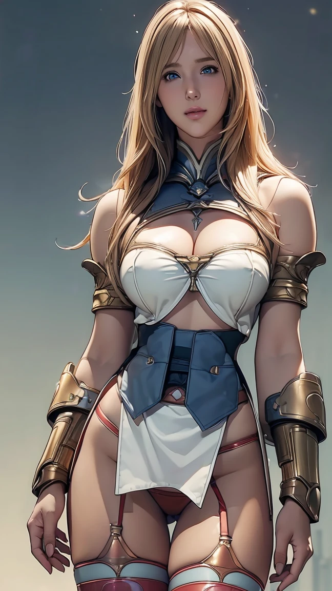 Browsing Caution,Sensual, Long blonde hair, Thick thighs, 8k, 4K, Highest quality, (High resolution:1.6), Cute anime face, Noise Reduction, (Sparkling Blue Eyes, A kind smile:1.3, Kind eyes:1.ung Face, Anime Eyes, Sophitia Alexandra、(Sword in right hand:1.5)、(Equipped with a shield on the left arm:1.5)、(SFW Giant:1.9)、(Beautiful Nose:1.5)、Long tights、Knee-high boots、(garter belt:1.5)、Beautiful Hands、Beautiful fingers、(High cut thong:1.5)
