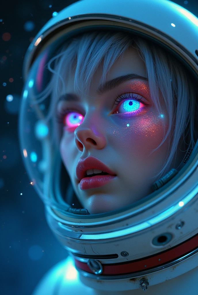 (Close-up of a better masterpiece:1.5)0.9], (Space and astronauts:1.2) (Messy silver hair:1.1) (Heterochromia xanthochromia and blue eyes:1.2) (Space Helmet:1.0) (Colored stars in the eyes:1.0) (A radiant glow:1.1) (thick lips:0.9)