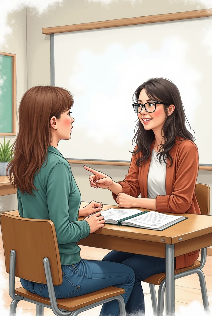 A drawing of a teacher in her classroom communicating with her deaf student through signs