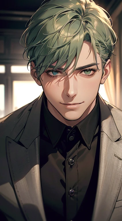 ((a mature man, very handsome, smile in love, short grey green hair, green eyes, perfect face without errors)), ((buttoning the jacket, CEO)), (best quality, masterpiece, 8K, photorealistic, cinematic lighting, hdr image, ultra detailed, beautiful image), (portrait, detailed facial features, intricate textures, realistic skin tones, highly detailed, ultra-realistic), (warm lighting, soft shadows, dramatic lighting), (muted color palette, rich tones), (professional photography, high resolution, studio lighting)
