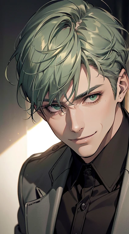 ((a mature man, very handsome, smile in love, short grey green hair, green eyes, perfect face without errors)), ((buttoning the jacket, CEO)), (best quality, masterpiece, 8K, photorealistic, cinematic lighting, hdr image, ultra detailed, beautiful image), (portrait, detailed facial features, intricate textures, realistic skin tones, highly detailed, ultra-realistic), (warm lighting, soft shadows, dramatic lighting), (muted color palette, rich tones), (professional photography, high resolution, studio lighting)