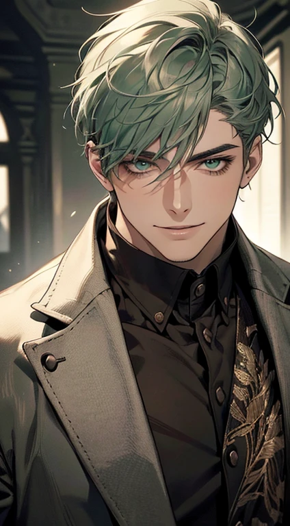 ((a mature man, very handsome, smile in love, short grey green hair, green eyes, perfect face without errors)), ((buttoning the jacket, CEO)), (best quality, masterpiece, 8K, photorealistic, cinematic lighting, hdr image, ultra detailed, beautiful image), (portrait, detailed facial features, intricate textures, realistic skin tones, highly detailed, ultra-realistic), (warm lighting, soft shadows, dramatic lighting), (muted color palette, rich tones), (professional photography, high resolution, studio lighting)