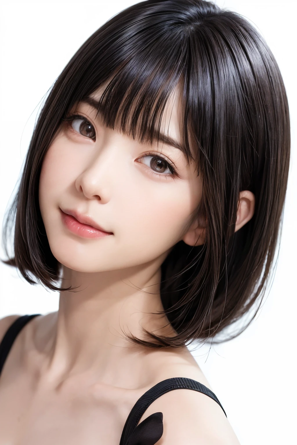 ((masterpiece, Highest quality, High resolution、Realisticですべてが美しく詳細に描かれている)), 1 girl, (Realistic: 1.4), alone, White Background, snow-White Background, Mouth closed, smile, smile, Beautiful black hair, short hair, Big eyes, Transparent double eyelids, eyelash, Listen carefully, Long neck, 美しくLong neck, Absolute area, ((Face close-up)), (Draw the whole head, shoulder), 19 years old, Attractive proportions, Glowing Skin, Beautiful clavicle, Golden ratio face, Perfect Face, Teardrop-shaped mole, chestのほくろ, bangs, clean bangs, beautiful bangs, Lip gloss, Thin lips, Fair skin, naked, Big Breasts, {Huge|big|Hugeな|Mega} chest:2, chestの谷間:2,chestの谷間を見せる、Small face, Small face, All the heads are painted, shoulder all drawn, Point slightly above the camera