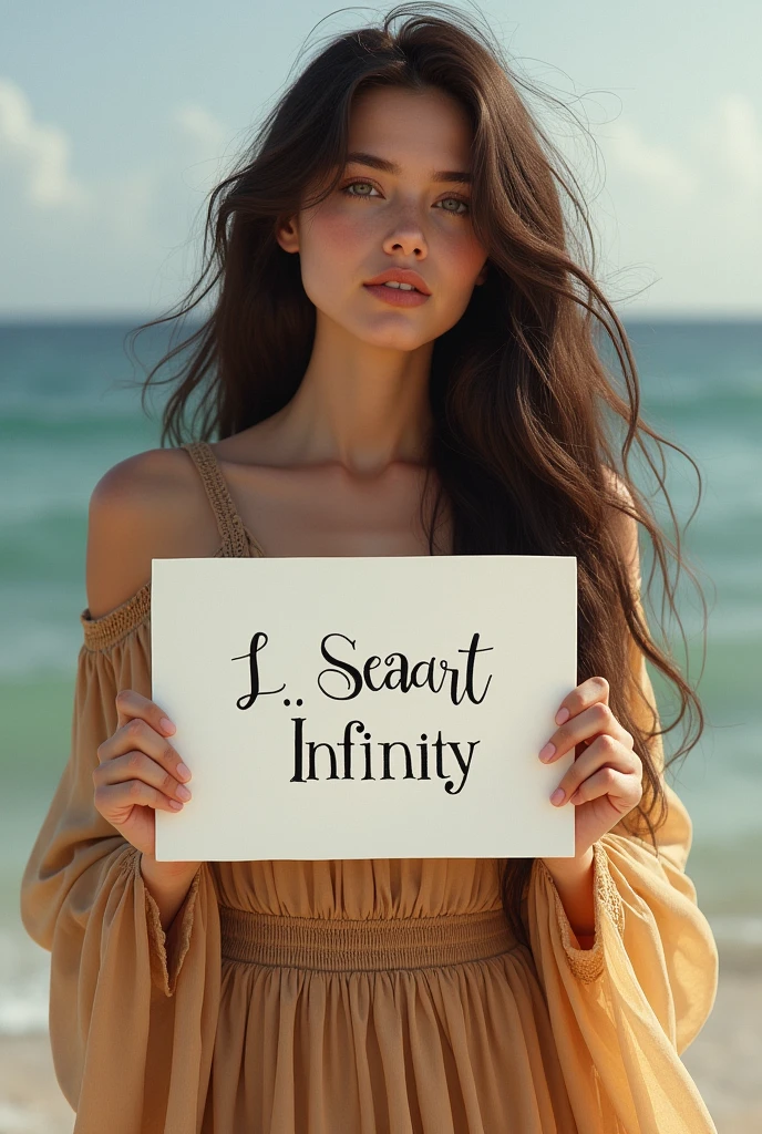 Beautiful girl with wavy long hair, bohemian dress, holding a white board with text "I Love Seaart Infinity" and showing it to the viewer