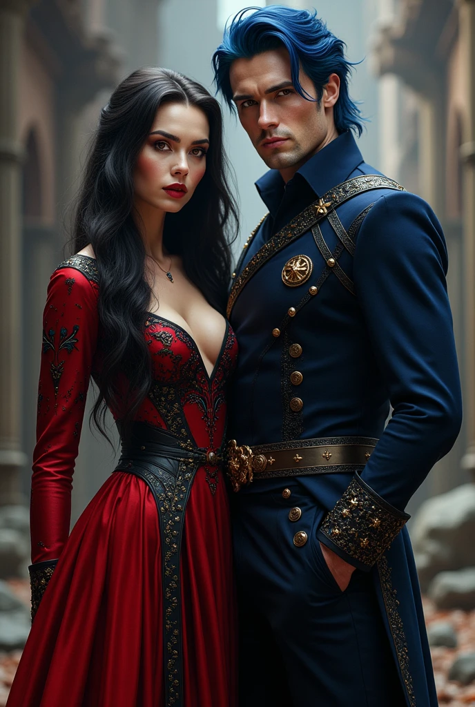 Royal couple,Black haired woman with red eyes and red and black clothing, Strong blue-haired man with slightly amber and red eyes, Navy blue clothing with black and very handsome