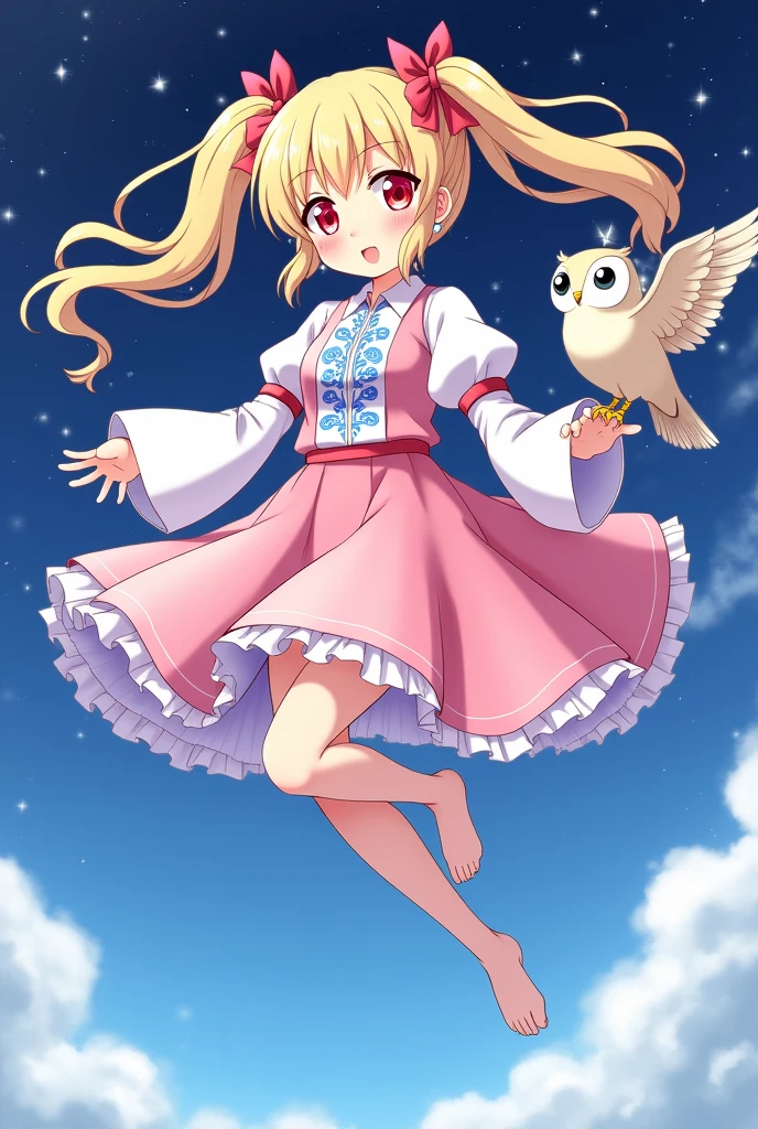 ((best quality)) , ((masterpiece)) , (detailed),A cute blonde girl with red eyes, dressed in pink and white  decorated with blue patterns on the chest area of her dress is flying through space. She has long hair tied back in two pigtails that have bows on them. There's an owl perched next to her. The background is a clear sky. In the style of Japanese anime art.